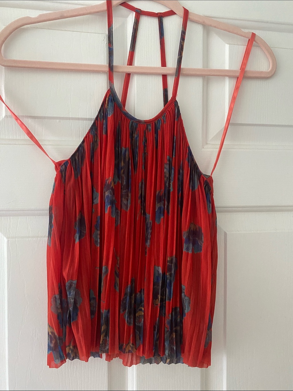Kimchi Blue Urban Outfitters Red Pleated Floral Strappy Halter Crop Top